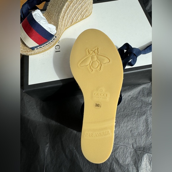 GUCCI
Canvas Sylvie Web Ankle Wrap
Espadrille Wedge Sandals - Picture 12 of 12